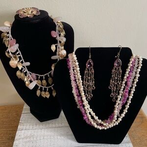 Purple Jewelry Lot Spring Pansy Enamel Brooch Chunky Statement Necklace